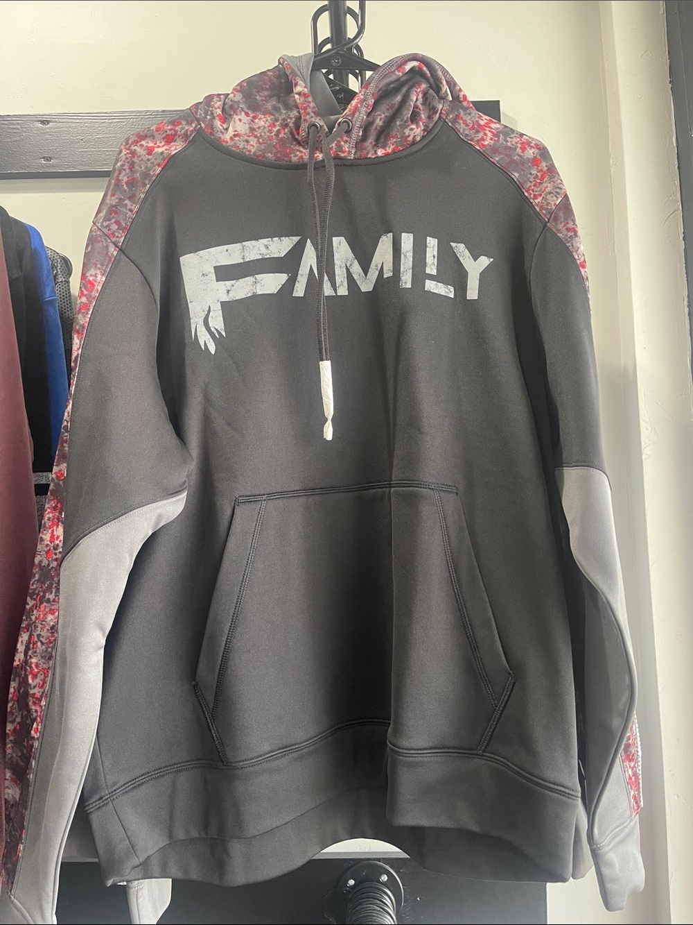 Black Crewneck Hoodie with Red Camo Accents - FAMILY Graphic